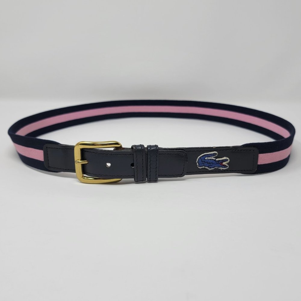 Vintage Lacoste Alligator Navy Blue and Pink Stripe Elastic Leather Belt - Picture 6 of 12
